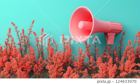 A pink megaphone sits atop tall grass, with a teal background.  124633070