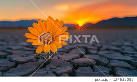 A single yellow flower growing in the cracked earth of an arid desert.  124633083