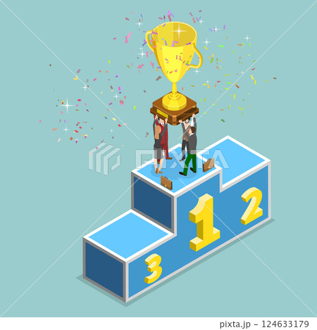 3D Isometric Flat Vector Illustration of Achievement, Success and Business Goal, Victory With Winning Trophy 124633179