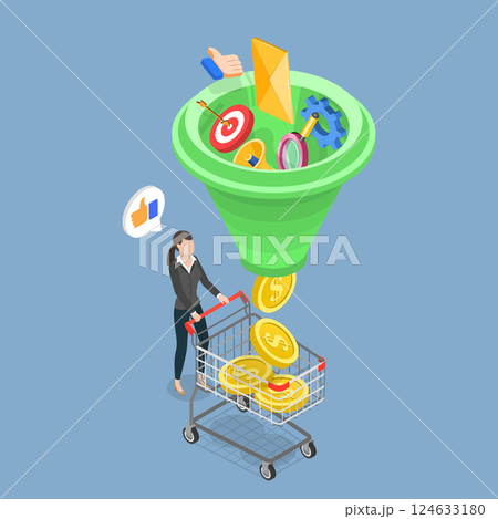 3D Isometric Flat Vector Illustration of Sales Funnel and Lead Generation, Online Marketing Conversion 124633180