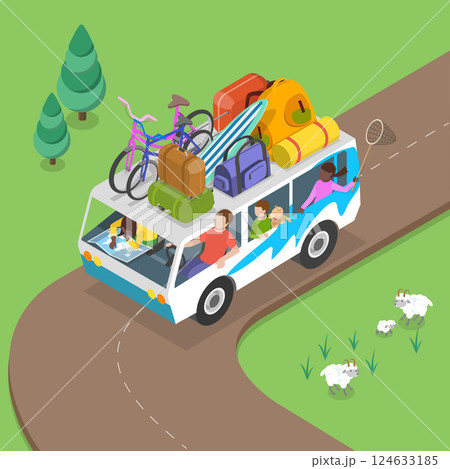 3D Isometric Flat Vector Illustration of Happy Family Trip, Camping and Adventure On The Road 124633185