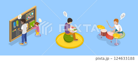 3D Isometric Flat Vector Illustration of Sensory Development for Autist Kids, Children Cognitive Development 3D Isometric Flat Vector Illustration of Sensory Development for Autist Kids, Children Cognitive Development 124633188