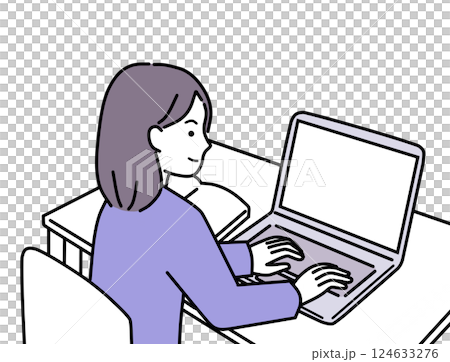 一位女士一邊在筆記型電腦上打字，一邊查看手冊 124633276