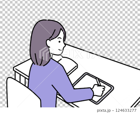 参考書を見てタブレットPCに書いて勉強する女性 124633277