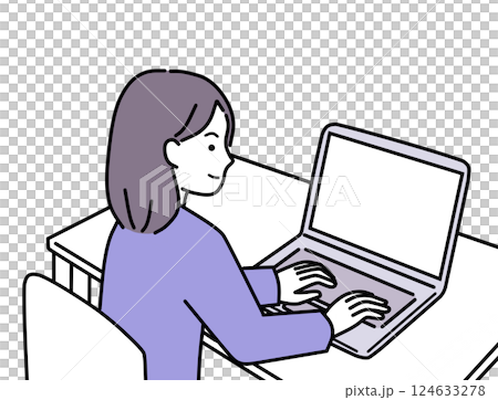 ノートパソコンで在宅ワークをする私服の女性 124633278