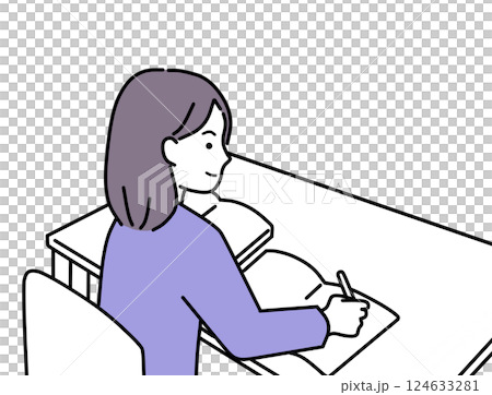 A woman studying by looking at a reference book and writing in a notebook A woman studying by looking at a reference book and writing in a notebook 124633281
