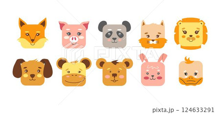 Square animal faces icon set. Flat clipart illustration mobile ui game application. Cute cartoon square shape kawaii kids avatar character collection on isolated background. Vector Square animal faces icon set. Flat clipart illustration mobile ui game application. Cute cartoon square shape kawaii kids avatar character collection on isolated background. Vector 124633291