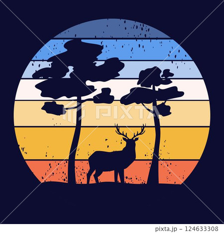 Retro sunset forest.Deer. 80s style grunge striped sunsets.Tourism or travel concept, adventure logo. Vector illustration.  124633308