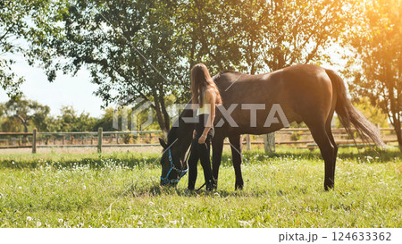Young girl with a beloved horse on a summer day. 124633362