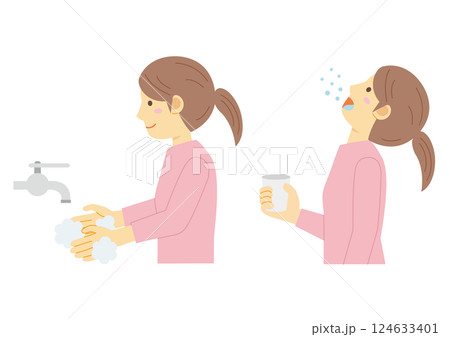 うがいと手洗いをする横向きの女性のイラスト 124633401