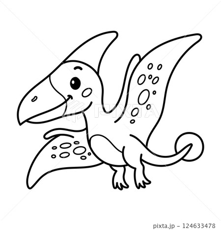 Smiling cartoon pterodactyl dinosaur coloring page designed for fun, educational kids activities 124633478