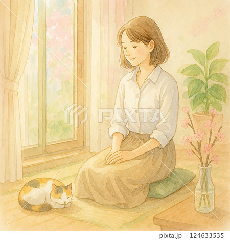 春の午後、部屋で猫と穏やかに過ごす女性のイラスト(和やかな暮らし・水彩風) 春の午後、部屋で猫と穏やかに過ごす女性のイラスト(和やかな暮らし・水彩風) 124633535