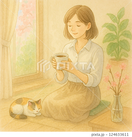 春の午後、猫と一緒にリラックスしながらコーヒーを楽しむ女性のイラスト(水彩風・癒しの時間) 春の午後、猫と一緒にリラックスしながらコーヒーを楽しむ女性のイラスト(水彩風・癒しの時間) 124633611
