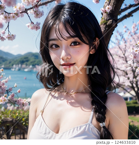 桜にいる白いキャミソールを着た若い女性 124633810
