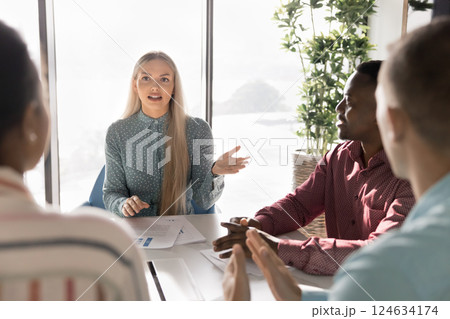 European female businesswoman holding meeting with managers 124634174