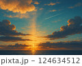雲間から朝日が差し込む渚の風景 – 希望の光 124634512