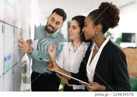 Positive diverse business team of colleagues brainstorming at Kanban board Positive diverse business team of colleagues brainstorming at Kanban board 124634578