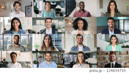 Collage of diverse businesspeople posing in office, multiple faces Collage of diverse businesspeople posing in office, multiple faces 124634735