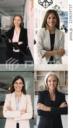 Women posing in office with confidence for camera, vertical collage Women posing in office with confidence for camera, vertical collage 124634737