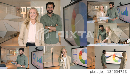 Collage view, teammates working together in office using modern tech Collage view, teammates working together in office using modern tech 124634738