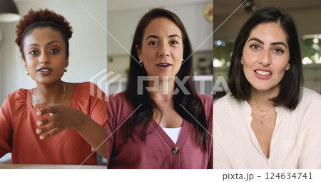 Women in professional or casual setting engaged in communication, collage 124634741