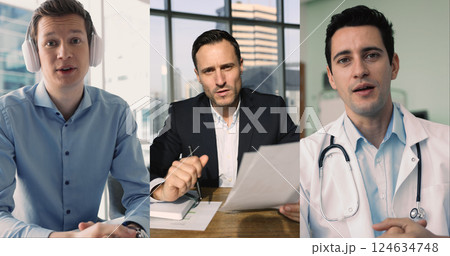 Three diverse men, different ethnicity and profession, engaged in videoconference Three diverse men, different ethnicity and profession, engaged in videoconference 124634748