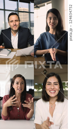 Collage grid of four multinational businesspeople take part in videocall Collage grid of four multinational businesspeople take part in videocall 124634752