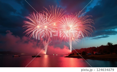 Spectacular red fireworks display over serene lake at dusk 124634879