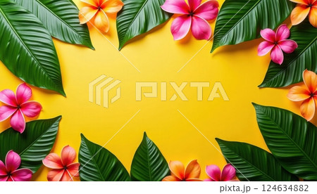 Tropical flowers and green leaves on vibrant yellow background 124634882