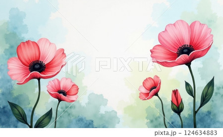 Blooming red poppies in front of soft watercolor background with delicate green foliage 124634883
