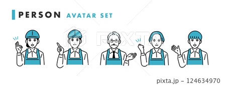 カフェ・飲食店　エプロン姿の店員のアバターセット 124634970