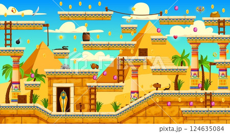 2D arcade game with Egyptian pyramids and level map, vector interface. Ancient Egypt game platforms and stone stairs with coins bonus and trap snares for Pharaoh arcade game level and GUI map template 2D arcade game with Egyptian pyramids and level map, vector interface. Ancient Egypt game platforms and stone stairs with coins bonus and trap snares for Pharaoh arcade game level and GUI map template 124635084