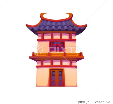 Cartoon traditional Chinese pagoda building with curved rooflines, red wooden balcony and ornate window. China town house structure, Asian architecture, exudes cultural heritage and historical vibe 124635098