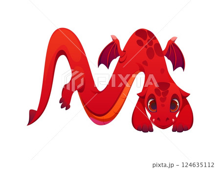 Asian red dragon character font letter M. Fantasy dragon English alphabet type sign, Asian animal personage cartoon vector kids ABC letter. Red reptile typeset symbol or character font element 124635112