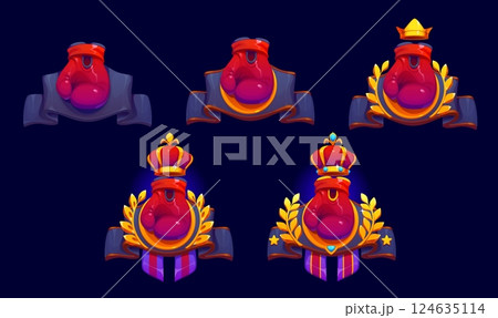 Boxing sport game rank badge, level medal emblems featuring red boxing gloves adorned with crowns, laurel wreaths and banners. Cartoon vector icons represent championship, victory, tournament rankings Boxing sport game rank badge, level medal emblems featuring red boxing gloves adorned with crowns, laurel wreaths and banners. Cartoon vector icons represent championship, victory, tournament rankings 124635114
