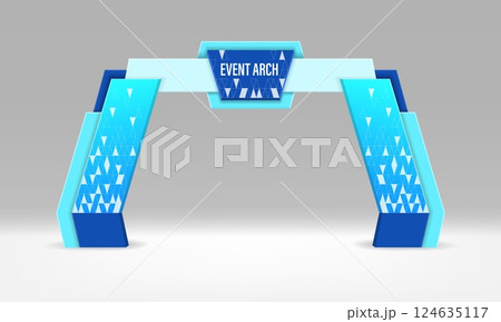 Event arch gate entrance, realistic 3d vector modern exhibition gateway. Blue architectural arc with geometric patterns and central signage area. Entry for conferences, exhibitions or corporate events 124635117