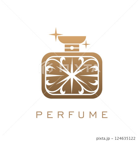 Luxury golden bottle perfume fragrance icon. Elegant gold flask with intricate decor and sparks. Isolated vector emblem with ornate spray bottle for high end fragrance branding, beauty and fashion 124635122