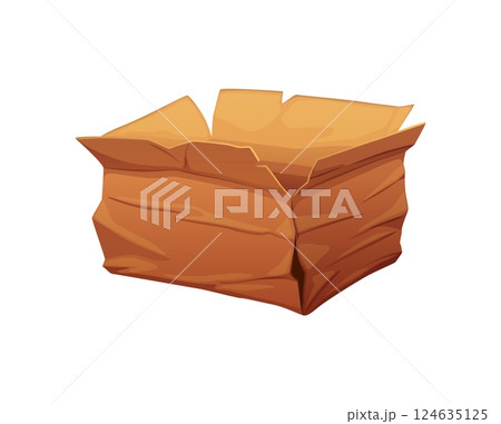 Damaged and broken cargo cardboard box. Destroyed crushed cargo box, damaged wet isolated cartoon vector delivery container. Ripped crumpled shipping package or broken dirty cardboard paper parcel Damaged and broken cargo cardboard box. Destroyed crushed cargo box, damaged wet isolated cartoon vector delivery container. Ripped crumpled shipping package or broken dirty cardboard paper parcel 124635125