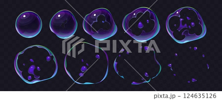 Transparent soap bubble explosion burst effect animated sprite sheet, vector 3D. Soap bubble break explosion with splash and droplets for animation sequence sprite sheet with realistic effect Transparent soap bubble explosion burst effect animated sprite sheet, vector 3D. Soap bubble break explosion with splash and droplets for animation sequence sprite sheet with realistic effect 124635126