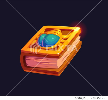 Mystical ancient book with a golden cover adorned with an ornate scarab gemstone, glowing with an enigmatic aura. Cartoon Egypt game icon, artifact, treasure asset evokes mythology, secrecy and wisdom Mystical ancient book with a golden cover adorned with an ornate scarab gemstone, glowing with an enigmatic aura. Cartoon Egypt game icon, artifact, treasure asset evokes mythology, secrecy and wisdom 124635129