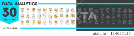 Data analytics and analysis line icons with charts and diagrams, vector symbols set. Data analysis icons for business research, digital market analysis on performance or optimization report pictograms Data analytics and analysis line icons with charts and diagrams, vector symbols set. Data analysis icons for business research, digital market analysis on performance or optimization report pictograms 124635130