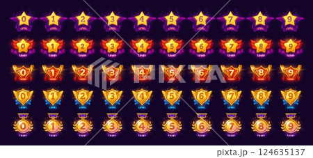 Level up badges and win icons for game interface assets, vector GUI elements. Next level up badges with numbers for gamer award, golden medals and stars with wings or ribbons in laurel wreath badge 124635137