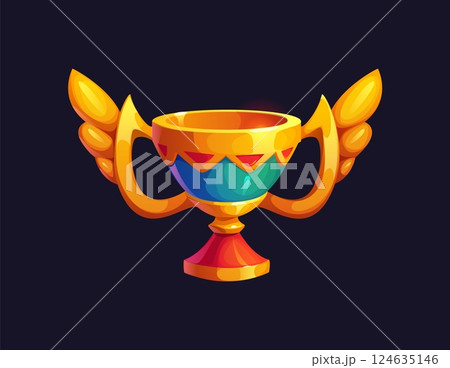 Ancient golden Egyptian winged trophy or chalice, Egypt game icon, treasure asset, symbolizing victory, wealth and ancient treasures. Cartoon vector gold cup or goblet decorated with the shiny wings 124635146