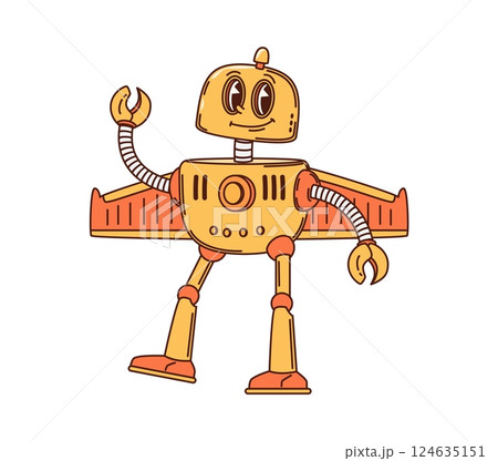 Cartoon groovy robot or droid character with wings, vector retro transformer. Groovy robot with funny face and mechanical arms, retro robotic cyborg bot character with buttons and plane wings Cartoon groovy robot or droid character with wings, vector retro transformer. Groovy robot with funny face and mechanical arms, retro robotic cyborg bot character with buttons and plane wings 124635151