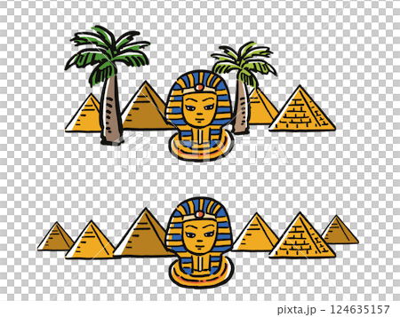 Egyptian pyramids, palm trees, and Tutankhamun lined up in a relaxed illustration set 124635157