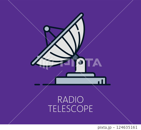 Space radio telescope color line icon. Astronomy travel outline sign, space exploration lineart vector symbol. Galaxy outerspace research or discovery thin line icon or cosmos flight linear icon 124635161