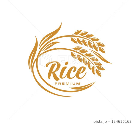 Asian rice ear icon, vector emblem with round frame of cereal stalks and premium rice typography. Paddy rise organic natural product label, agriculture field production advertising or package design 124635162