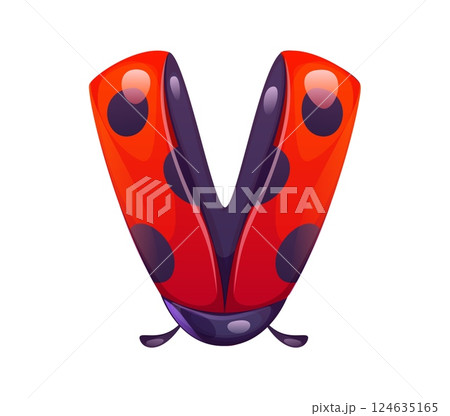 Ladybug insect cartoon font letter V. Cute lady bug kids ABC font letter, garden ladybird cartoon vector English alphabet typeset sign. Red ladybug beetle type symbol or typeface element 124635165