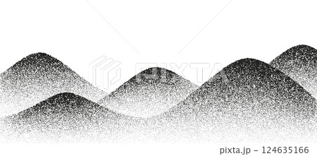 Mountains noise landscape.,grain halftone hills. Vector black and white noisy wavy texture, gradually transitioning in density to form the shape of rolling hills and peaks, abstract pointillism effect Mountains noise landscape.,grain halftone hills. Vector black and white noisy wavy texture, gradually transitioning in density to form the shape of rolling hills and peaks, abstract pointillism effect 124635166