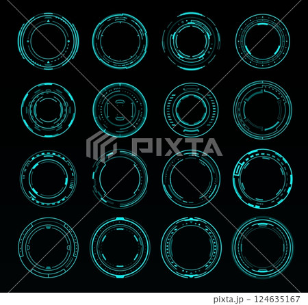 Dial HUD interface. Sound volume round knob switch, round neon frames or borders. Vector set of sci fi UI futuristic glowing circles, buttons for computer game or app menu panel, in techno HUD style 124635167